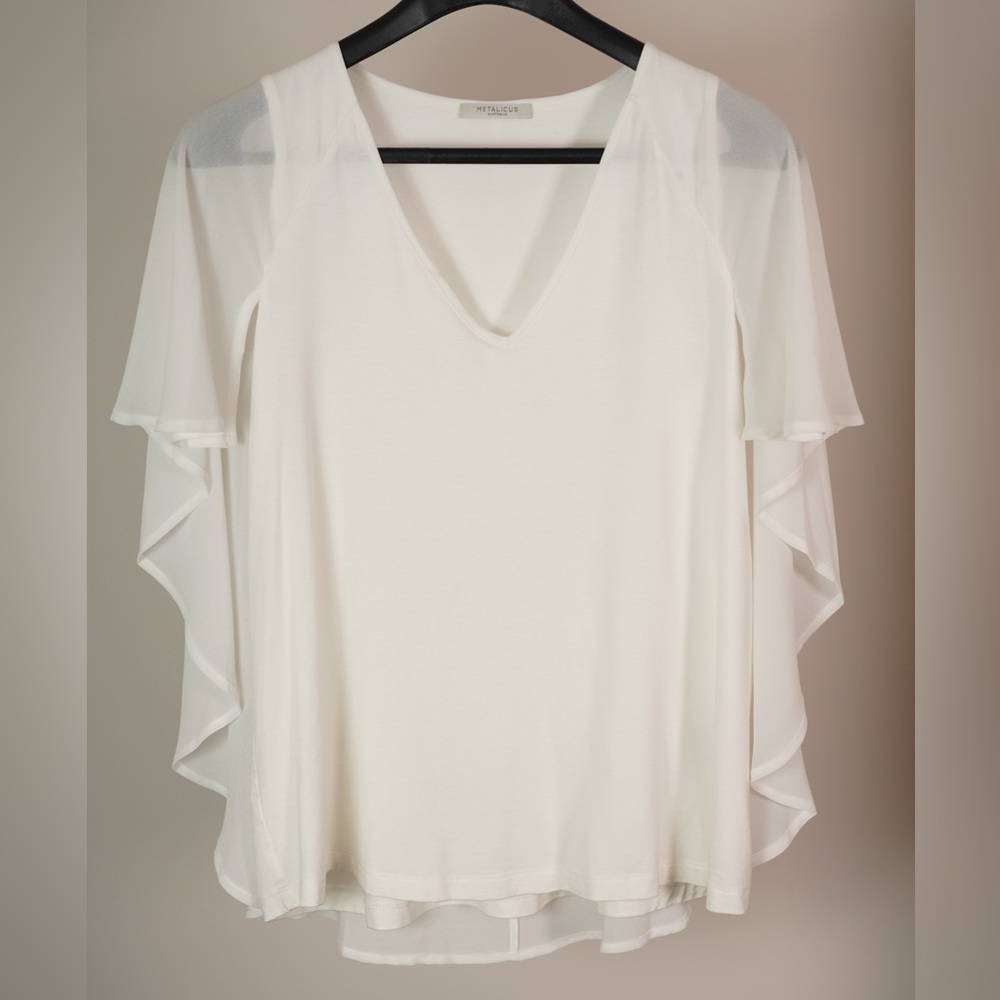 Metalicus White Sheer Ruffle-Sleeve V-Neck Top
